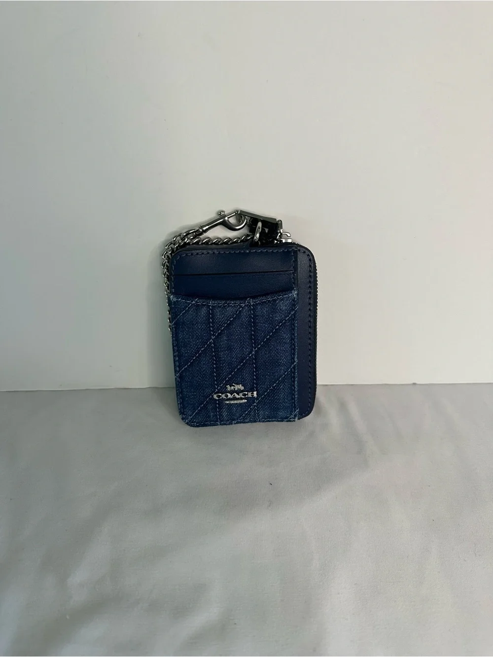 Coach Quilted Navy Denim Zip Card Case with Chain Accent CAR26